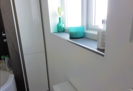 New window and window sill plus tall storage cabinet